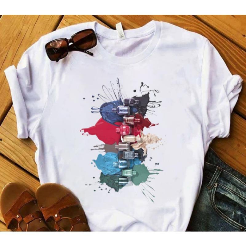European and American Nail Polish Simple Women's Casual Cute Large Size Short-sleeved T-shirt Women Clothes Tops