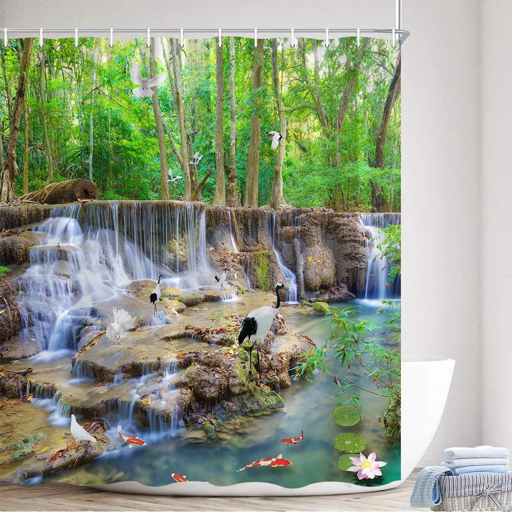 Scenic Forest Waterfall Shower Curtain Tropical Jungle Plants Trees Lake Nature Landscape Wall Hanging Bathroom Decor Curtains