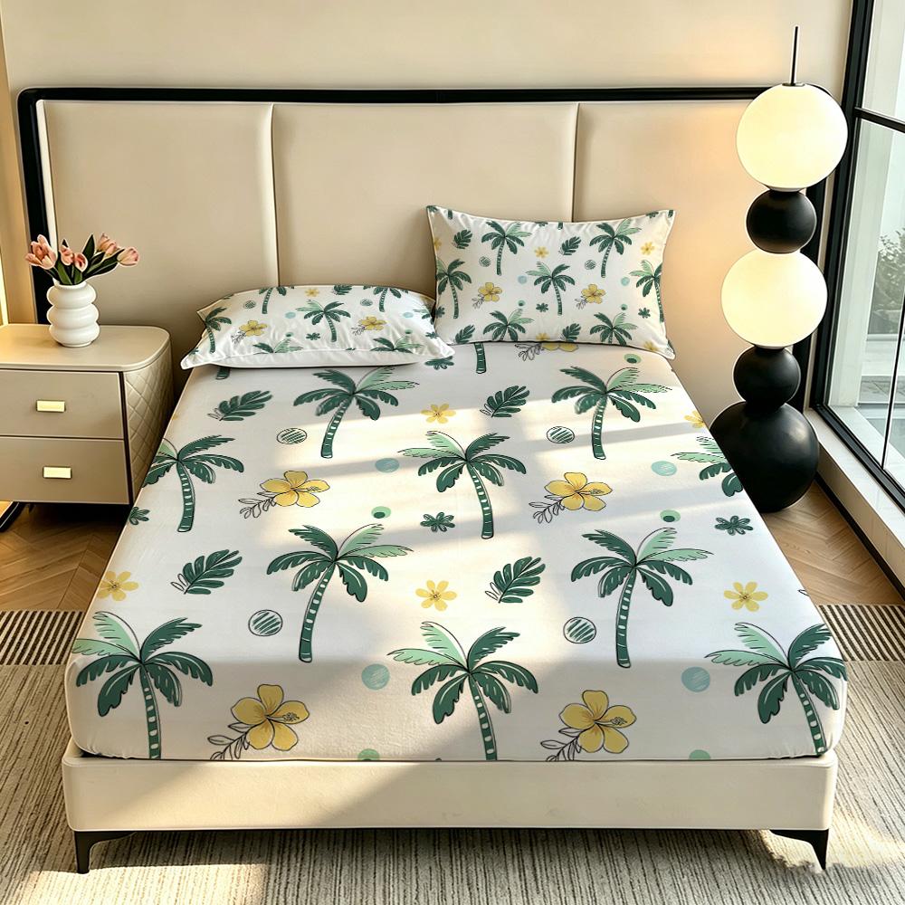 3pcs Beach Vacation Coconut Tree Print Coreless Bed Sheet Set Multiple Sizes Soft Bed Covers, Bedroom Bedding Decorations, Gifts