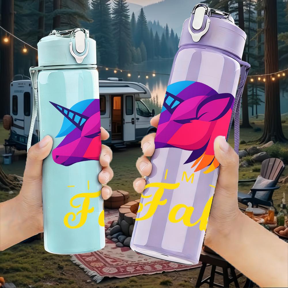 1PC Rainbow Unicorn Fab Letter Art 750ml Color Plastic Sports Water Bottle Leakproof Flip Straw Lid Suitable for Sports Office Home Use