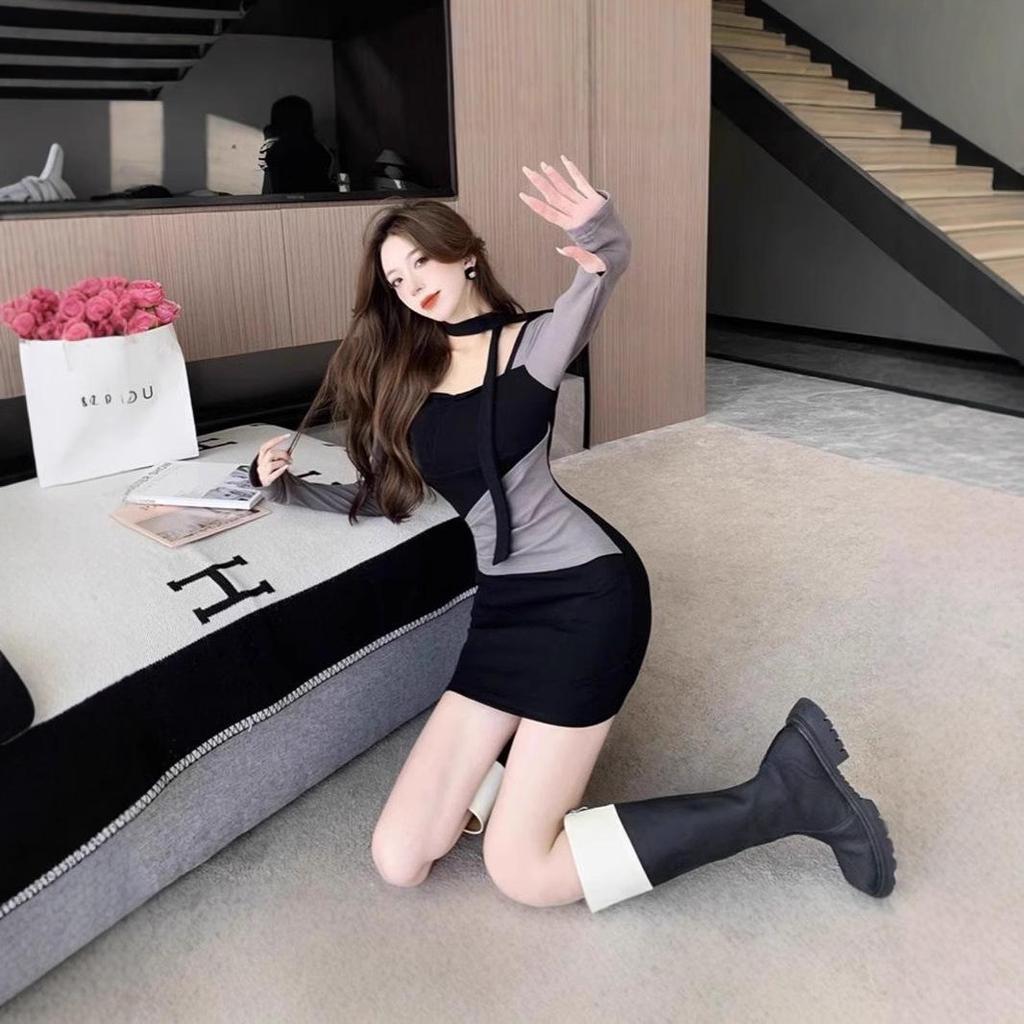 2024 Autumn/Winter Slim Fit Patchwork Dress: Sexy, Color Block, Hip-Hugging Skirt