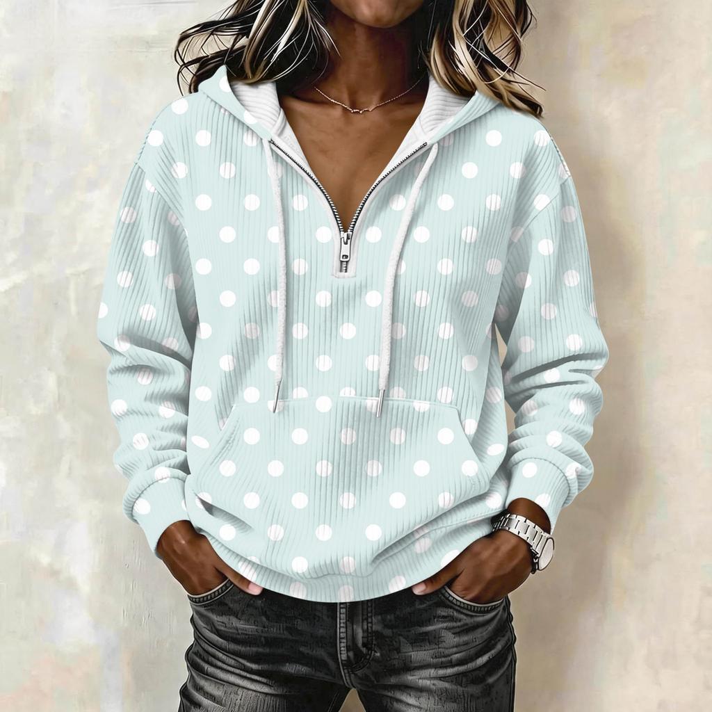 Women's Fashion Long Sleeve Polka Dot Print Hooded Pullover Sweatshirt