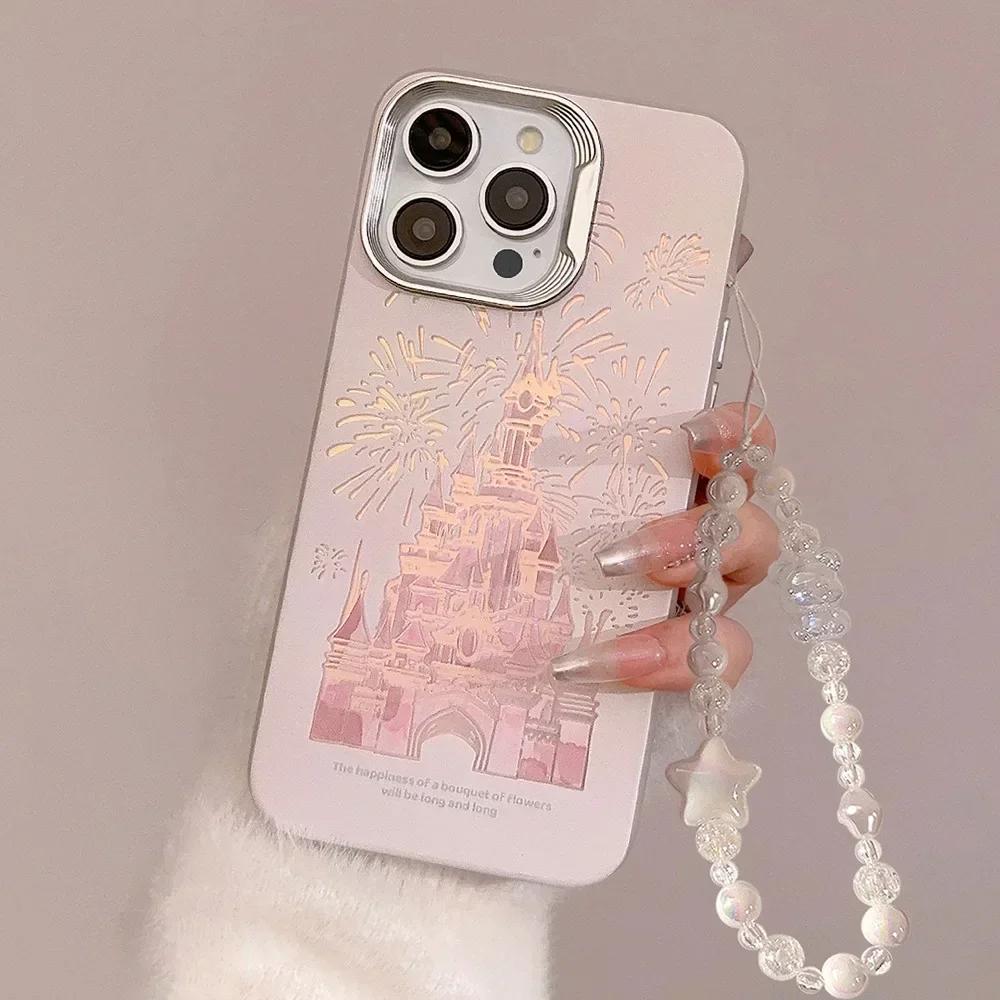 Pink Glitter Phone Case for iPhone 16 Pro Max Plus 15 14 13 12 11 Laser Shiny Bling Cute Cartoon Castle iPhone Protective Cover