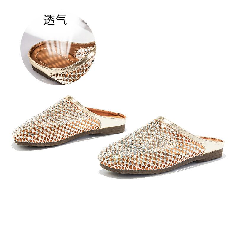 Baotou Slippers Women's 2025 Summer New Rhinestone Breathable Mesh Hollow Outside Wear Half Drag Women's Casual Flat Women's Shoes