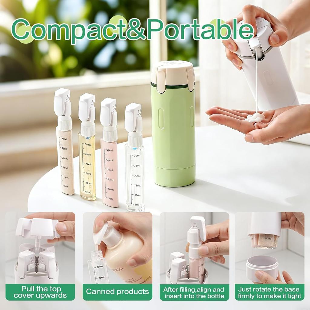 4-in-1 TSA Travel Bottles – Leak-Proof Pump & Squeeze Dispensers for Shampoo, Lotion, Conditioner – Refillable Toiletry Containers with Labels