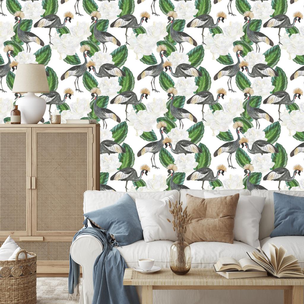 Crane and Plants Pattern Wallpaper for Living Room and Bedroom 50x1000