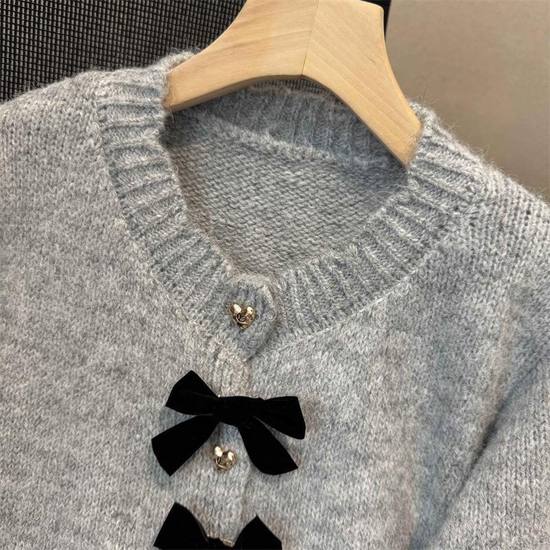 Design Sense Bow Casual Versatile Sweater Jacket Women's New Spring and Autumn Lace Knitted Cardigan Top Trendy