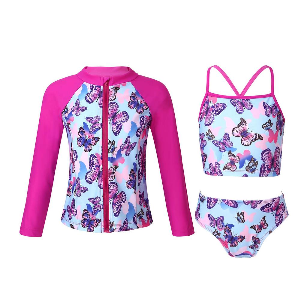 Girls 3 Piece Swim Set Sleeveless Top Briefs Long Sleeve Coat Front Zipper Sun Protection Beach Swimwear