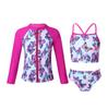 Girls 3 Piece Swim Set Sleeveless Top Briefs Long Sleeve Coat Front Zipper Sun Protection Beach Swimwear
