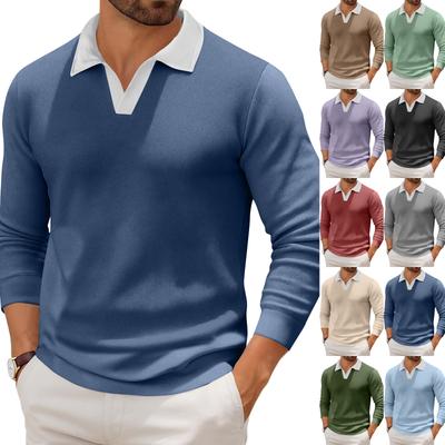 Men's Casual Color-Block Collared Long-Sleeve Knit Base Layer Top