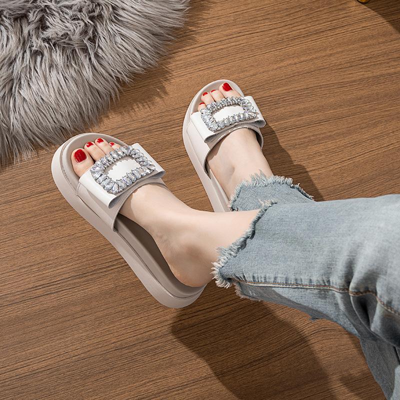 5cm thick-bottomed cool slippers fashionable rhinestone one-word muffin bottom non-slip flat bottom summer new versatile vacation style