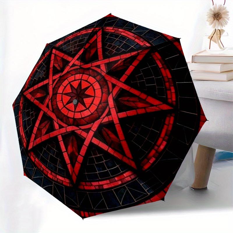 Stained Star Mandala Wall Art Decor Umbrella - 8-Rib Automatic Open Compact Travel Umbrella with Vibrant Red & Black Geometric