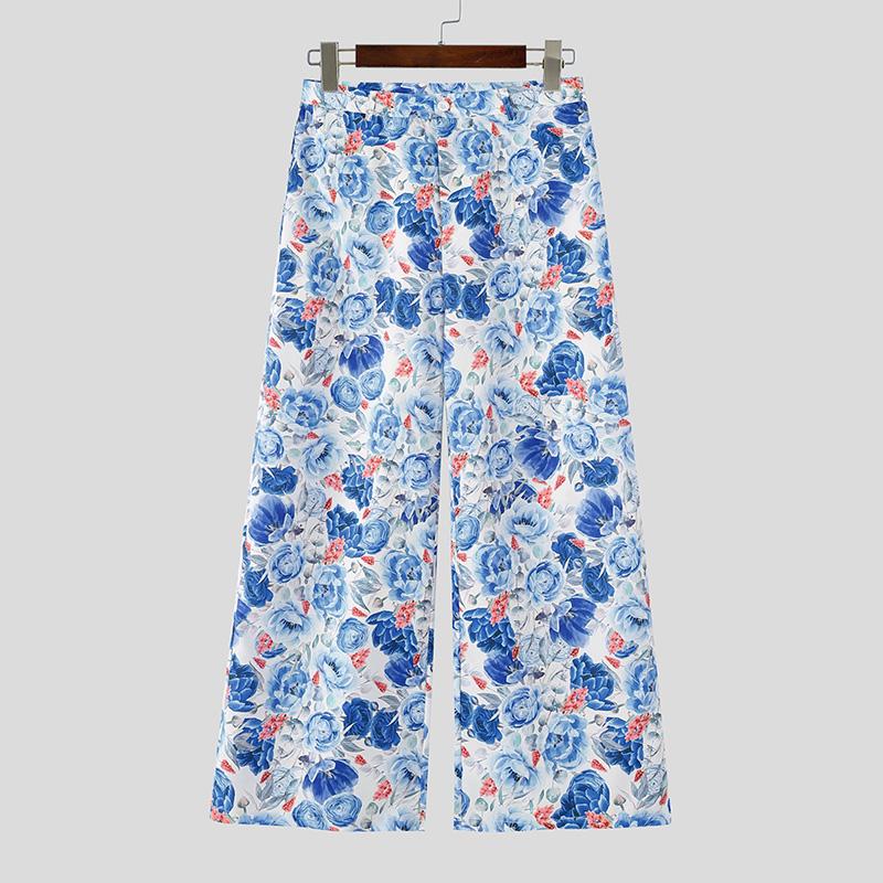 

INCERUN Мужские Женские Брюки на молнии с цветочным принтом, повседневные, свободные, длинные, с широкими штанинами 5XL синий