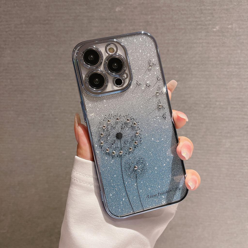 Suitable for IPhone16 Cases with Gradient Glitter, 15 Electroplated Dandelion Dot Diamond, and Transparent Tpu Soft for Apple 14pro