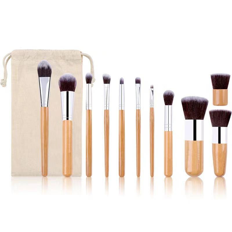 Sada 11 v 1 Štětce na make-up s přírodní bambusovou rukojetí s látkovým sáčkem Štětec na míchání make-upu s měkkými vlákny Kosmetický nástroj