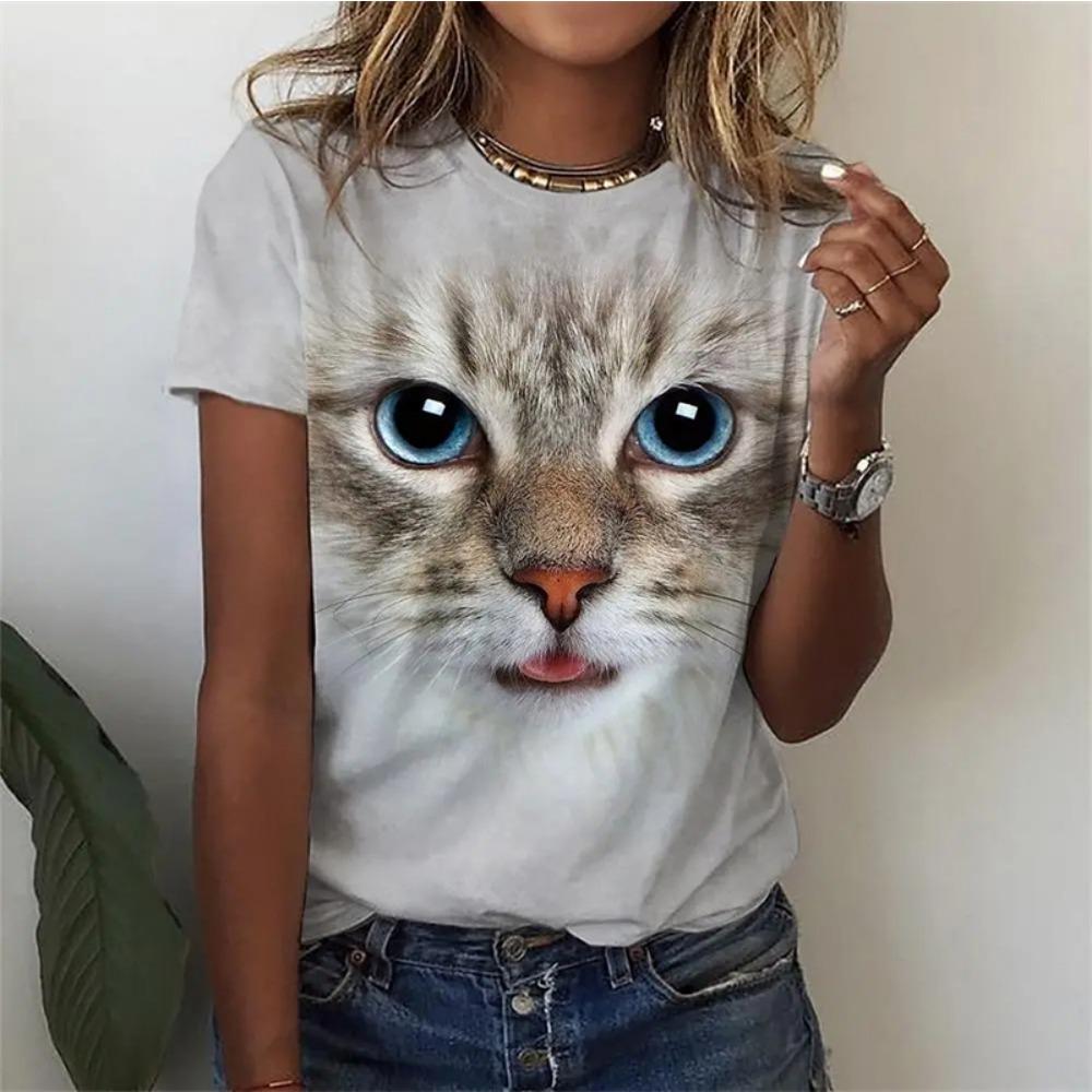 Kawaii Cat T Shirt For Women Summer O Neck Short Sleeve Top Harajuku Kitten Printed Women's T-Shirt Fashion New Female Clothes