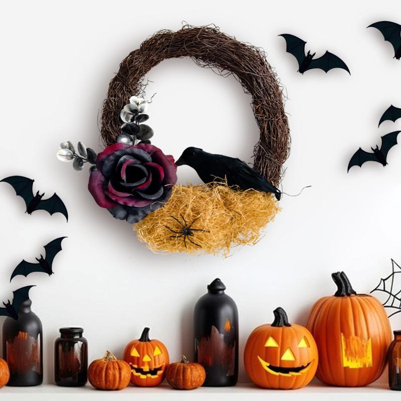 Halloween Dead Branch Rose Crow Wreath Gothic Garland Creepy Decor For Front Door Porch Window Indoor Outdoor Halloween Decor