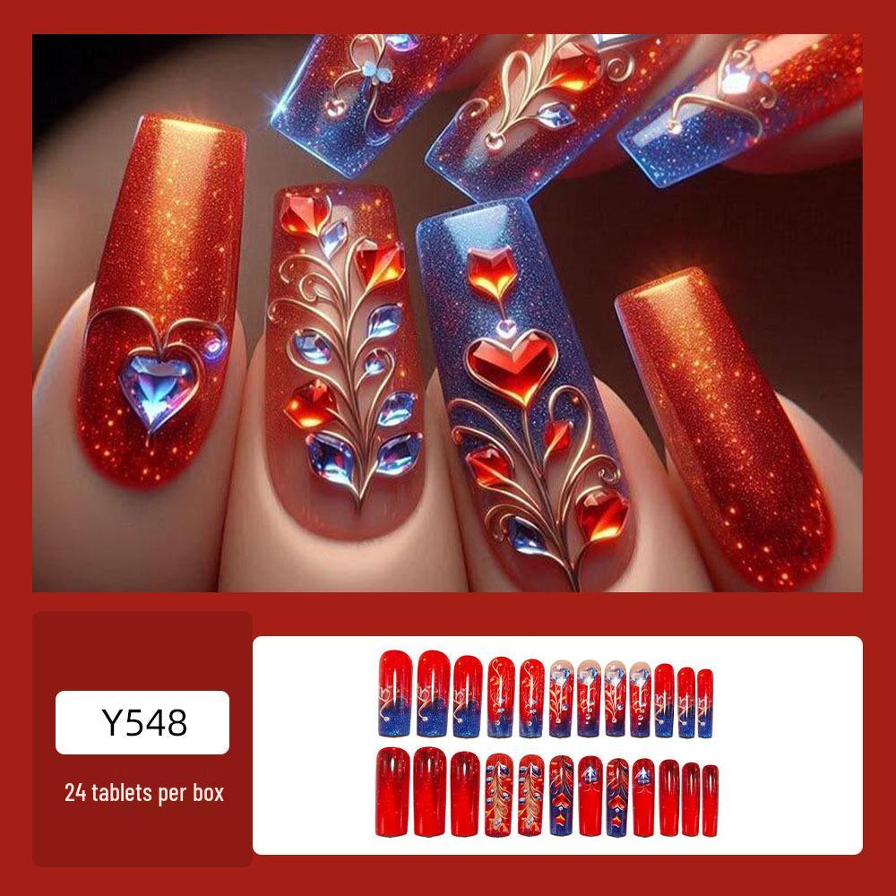 Red & Blue Heart Diamond Wearable Nail Art Stickers – Heavy-Duty, Long Water Pipe Design, Detachable