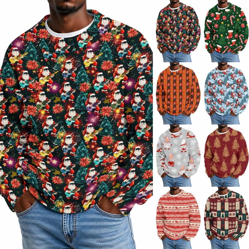 Men's Neck Knit Sweater with Christmas Print for Fall Winter Holiday
