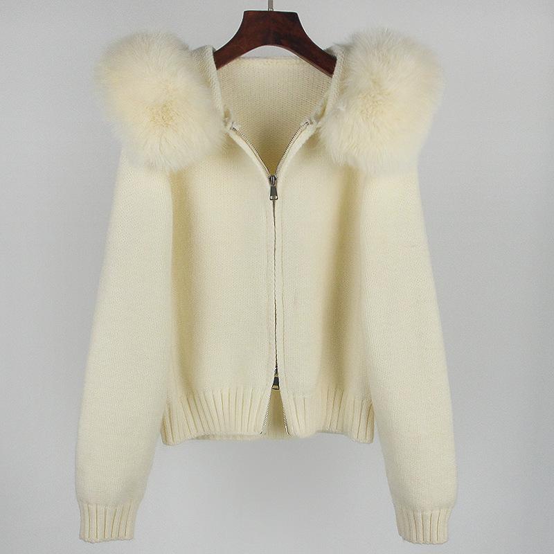 Women Cardigan Natural Fur Coat Real Mongolian Fur Knitwear Spring Autumn Hooded Knitted Fur Jacket