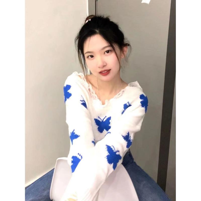 

Butterfly Knitted Top Off-shoulder Ripped Short Autumn New Korean Lazy Short Sweater for Women S белый