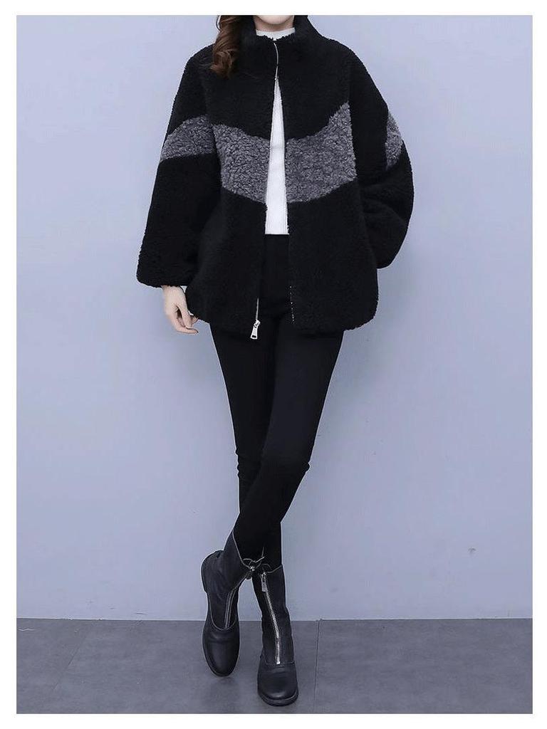 Women's Plus Size Color Block Fleece Coat - Lamb Wool One-Piece, Autumn & Winter Fashion