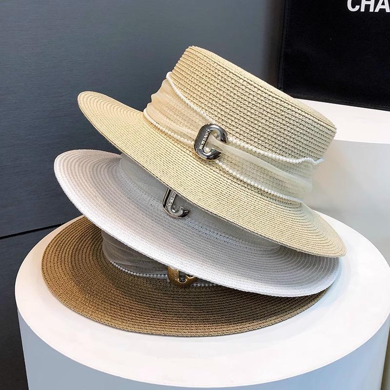 Flat top straw hat women's summer outing seaside sunshade sunscreen sun hat new straw temperament top hat