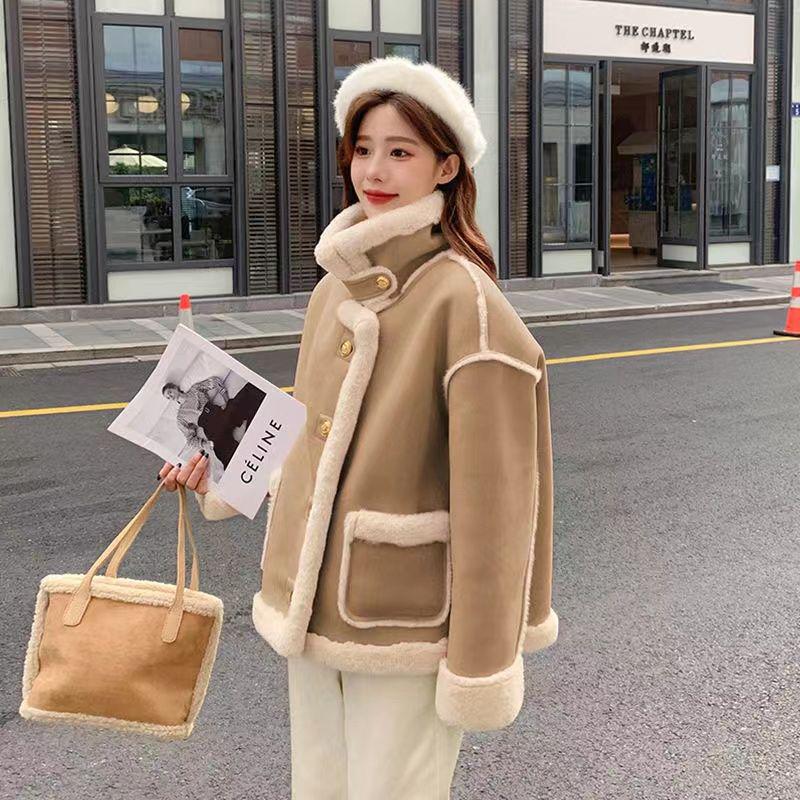 Women's 2025 Autumn Korean Style Lambswool Biker Jacket - Faux Suede, Fleece-lined, Thickened, Loose Fit