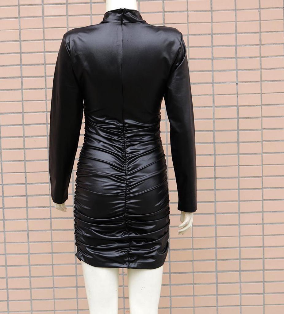 2022 Women's Faux Leather Stand-up Collar Pleated Bodycon Dress - European & American Fashion