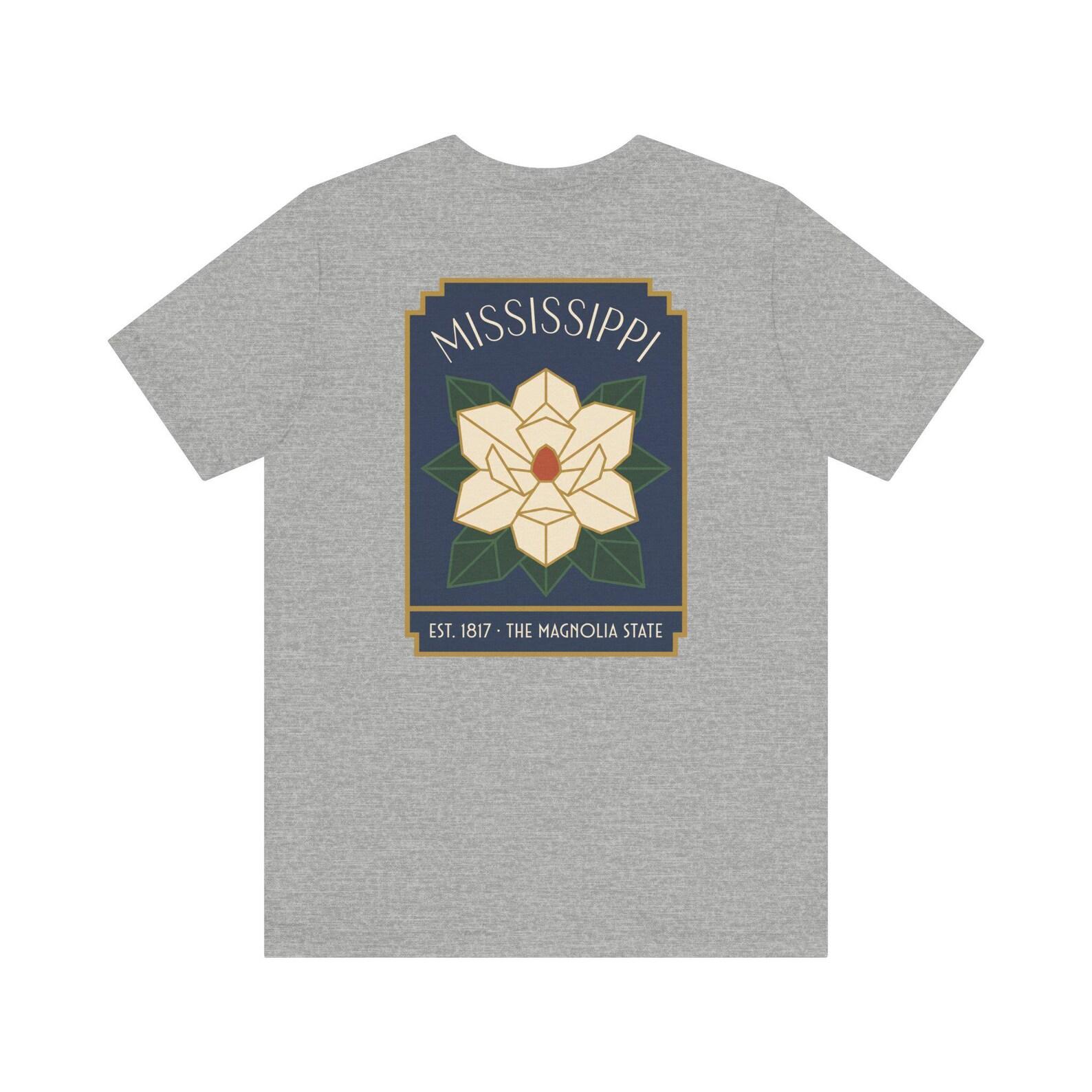 Mississippi Magnolia Art Deco T-Shirt | Retro Magnolia State Floral Graphic Tee | Mississippi Gift M