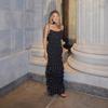 Black and White Polka Dot Halterneck Maxi Dress with Ruffled Hem and Drape