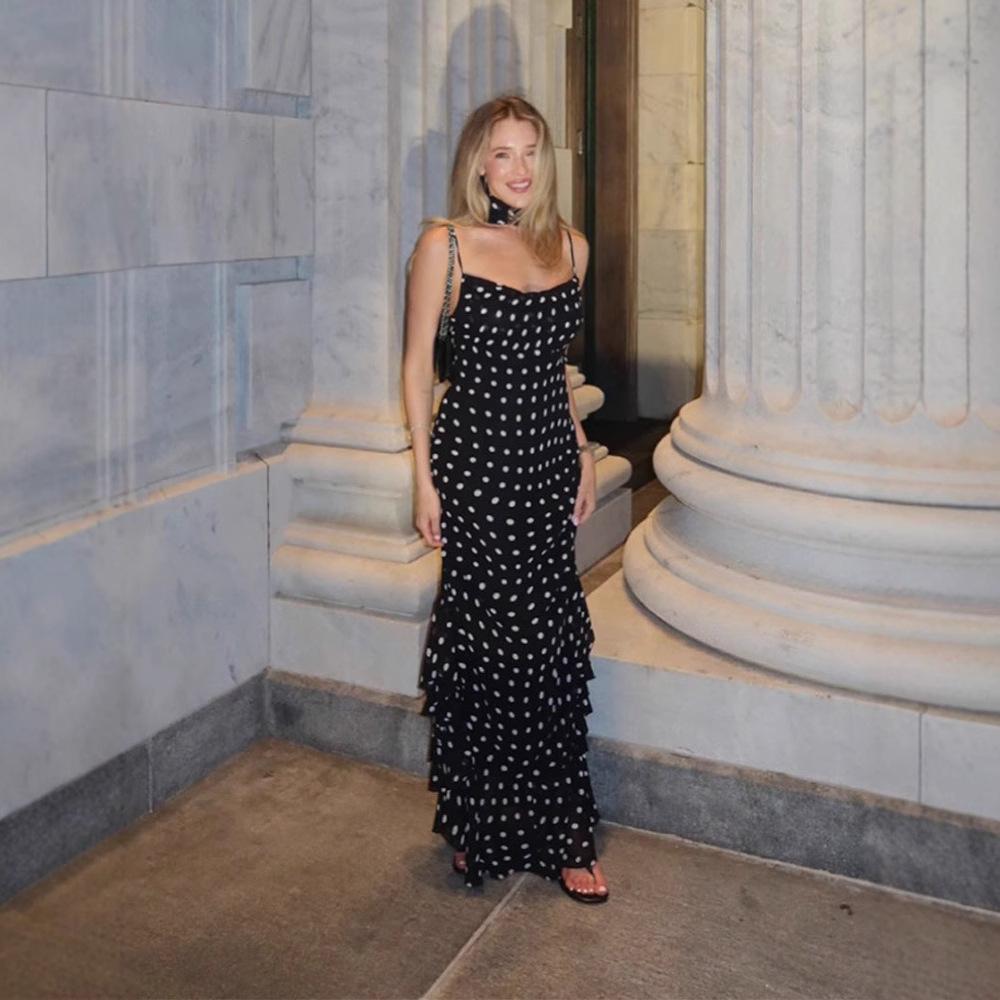 Black and White Polka Dot Halterneck Maxi Dress with Ruffled Hem and Drape