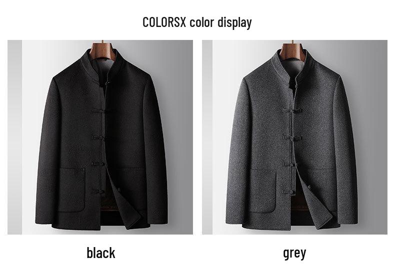 Men's Trendy Chinese Style Stand Collar Wool Coat with Detachable Down Liner, Frog Buttons, Double-Sided Fabric – Perfect for Autumn and Winter.