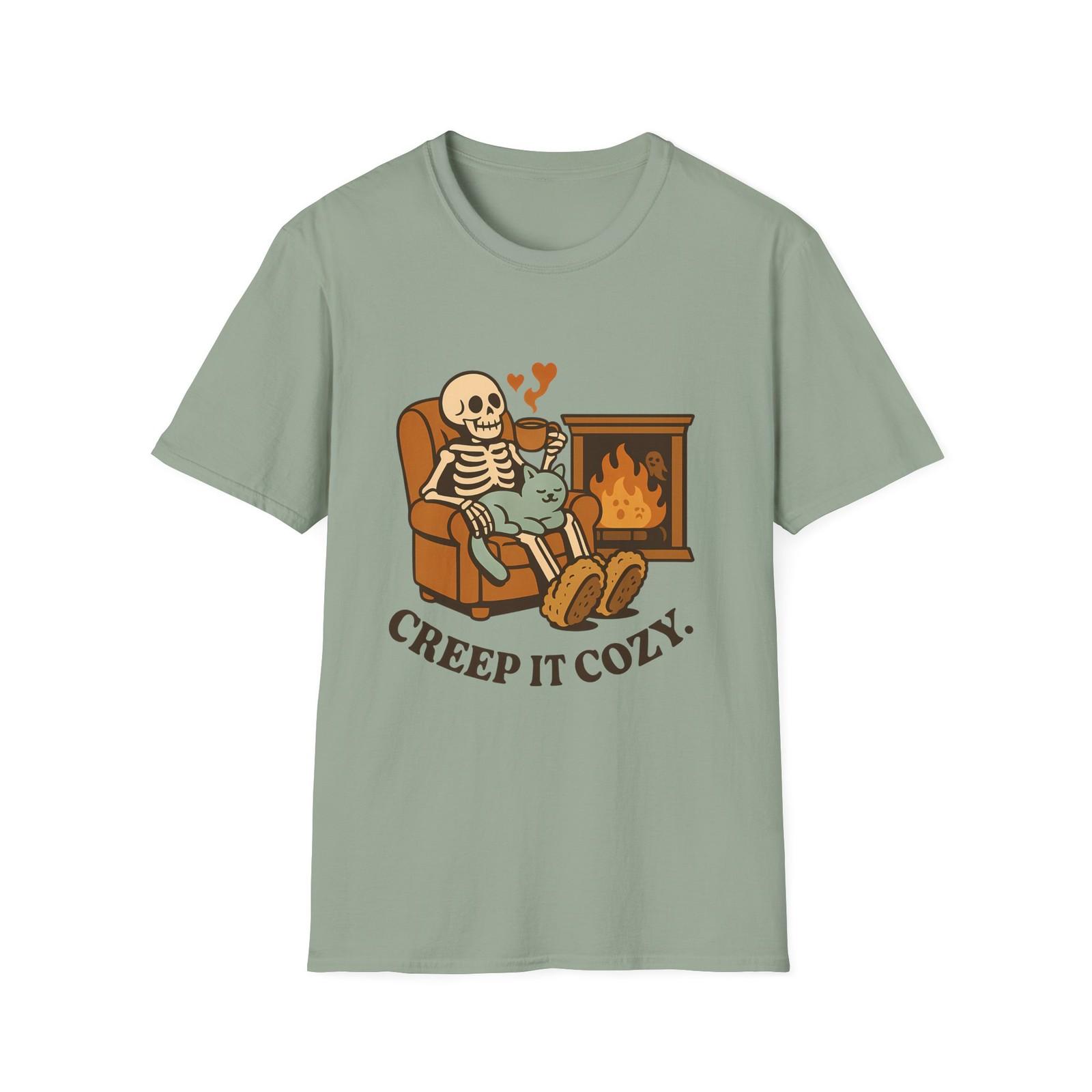 Unisex Softstyle T-Shirt Mens Womens Tees Top | Creep It Cozy | Funny Skeleton Ghost Cat Autumn Tee XL