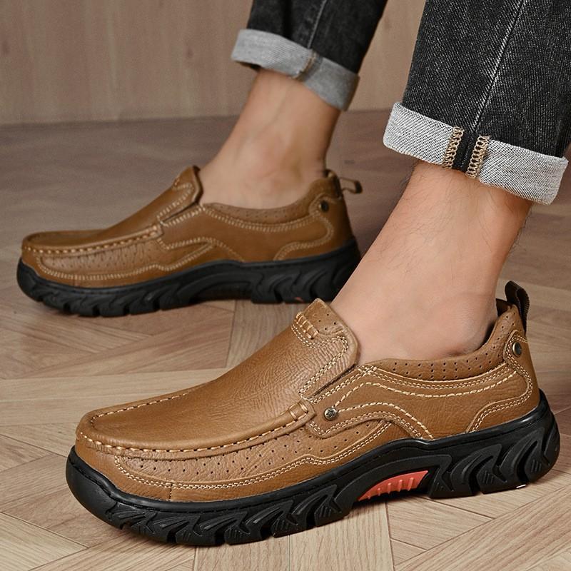 Mens Wide Fit Thick Sole Outdoor Casual Leather Shoes Non-Slip Wear-Resistant Hiking Toe Design