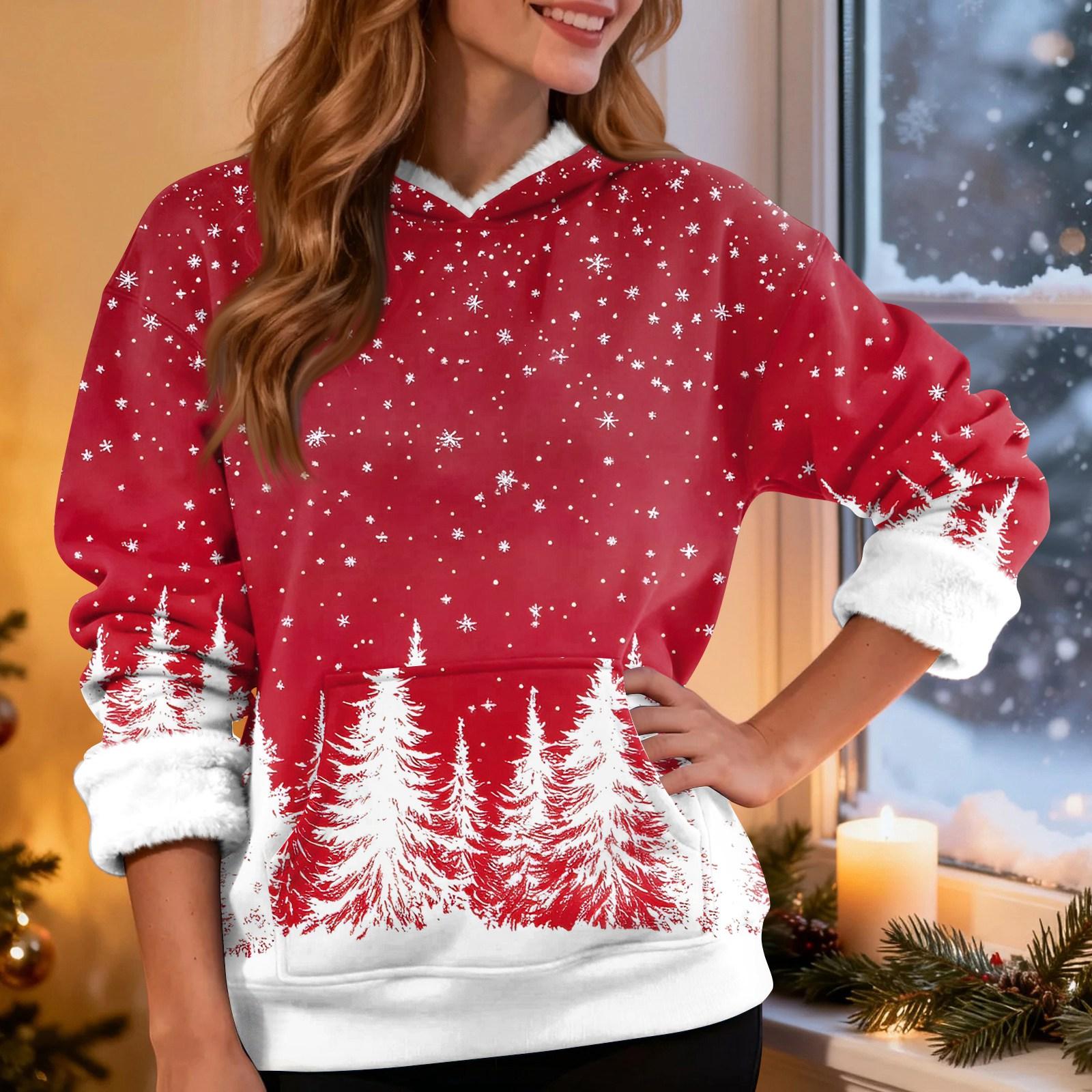 

Women s Fashion Casual Long Sleeve Christmas Printed Hooded Sweatshirt M киноварь
