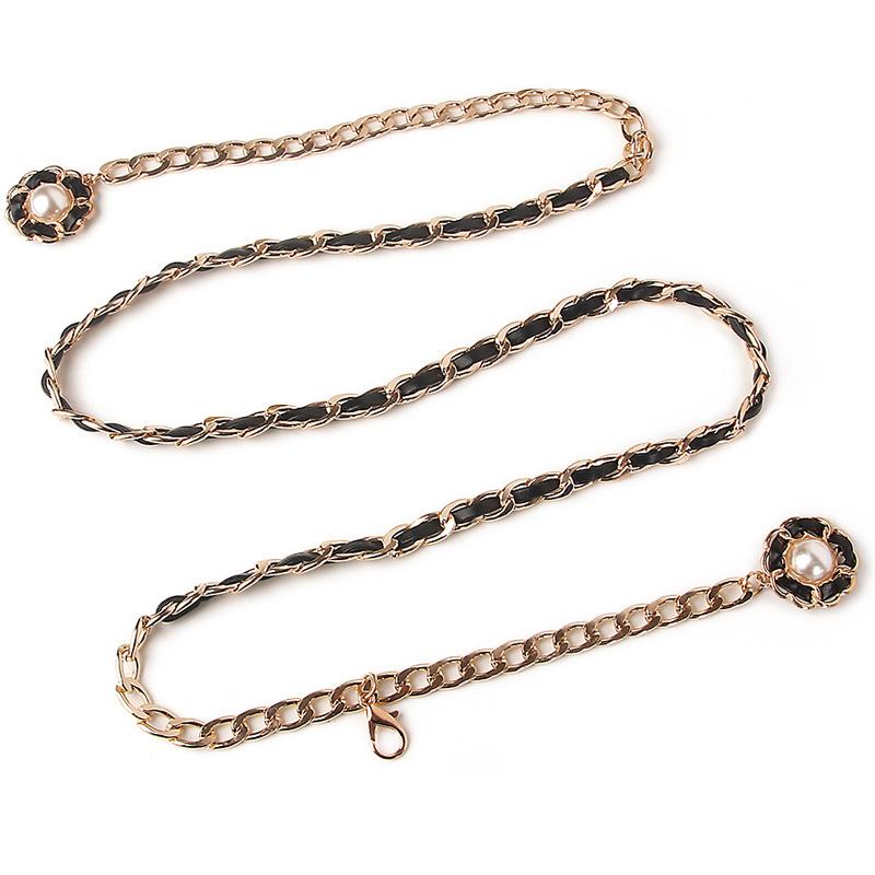 Sanyicai Women'S Waist Chain Metal Wear Leather Belt Dress Small Fragrant Wind Hanging Pearl Pendant Aluminum Chain With Jeans