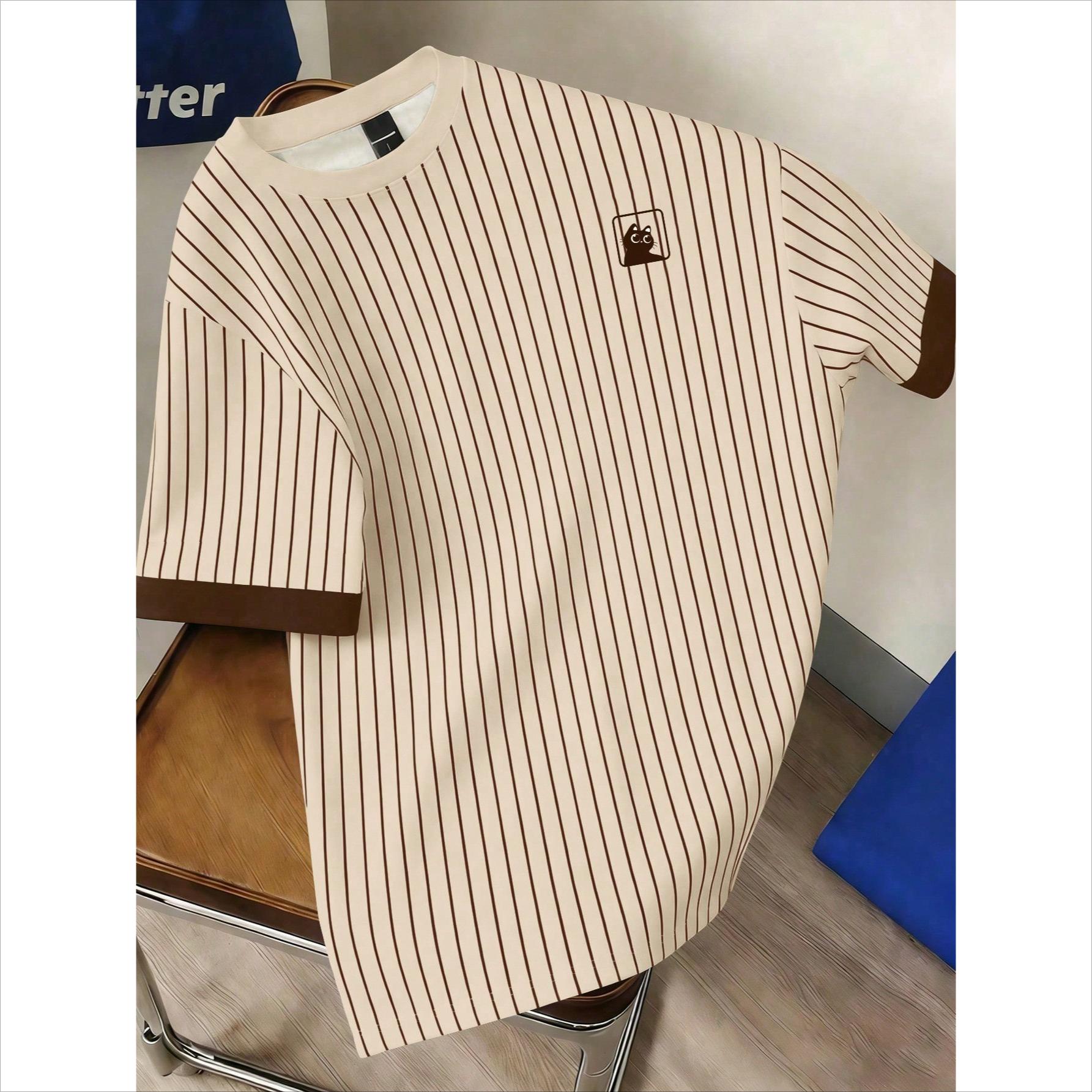 Men s Casual Striped Round Neck T-Shirt, Summer, Khaki S