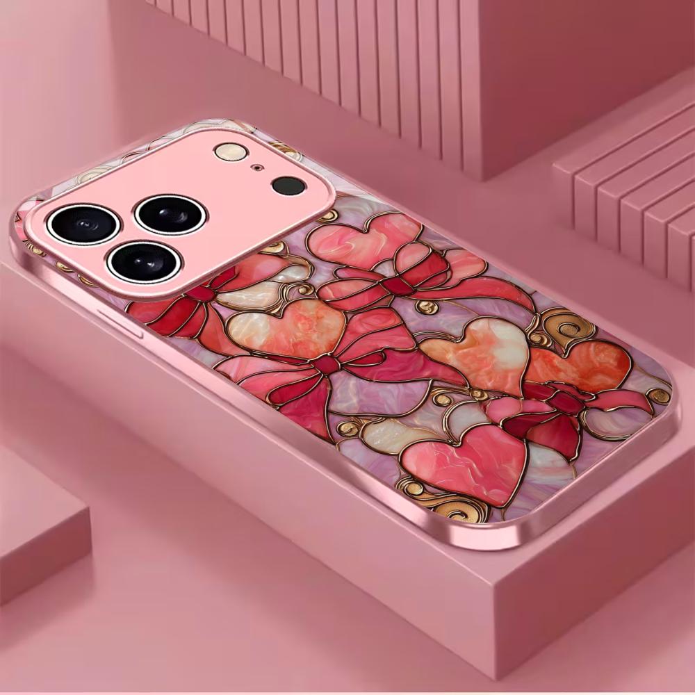 Aesthetic Pink Bow and Heart mobile phones Glass phone case for iphone 17 pro max cover for iPhone 17 16 15 14 13 12 pm Pro Plus
