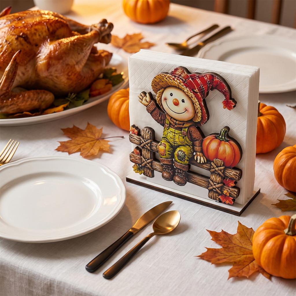 Wooden Napkin Holder with and Pumpkin Design, Thanksgiving Fall Tabletop Decor for Dining Room