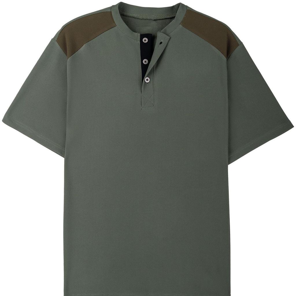 New-style Henry-style Casual, Breathable Button-down V-neck Colour-blocked Short-sleeved Men’s T-shirt