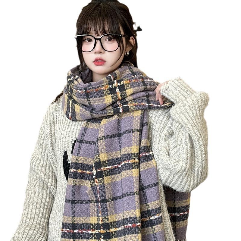 Autumn Winter Korean Campus Style Cheese Plaid Design Soft Faux Cashmere Tassel Warm Scarf