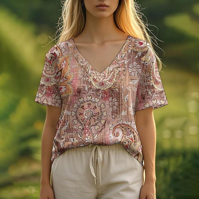 Summer Women's T-Shirt Floral Pattern Bohemian Style Casual Short-Sleeved V-Neck Loose Women's Clothes