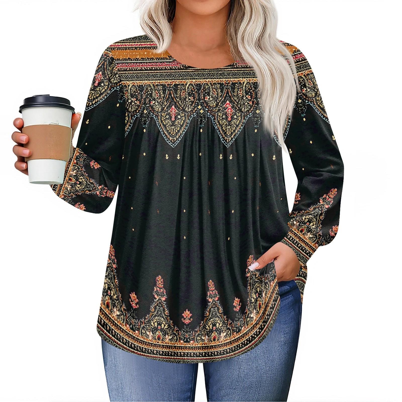 

Womens Plus Size Tops Long Sleeve Shirts Round Neck Flowy Tunic Casual Loose Blouse L-5X L чорний