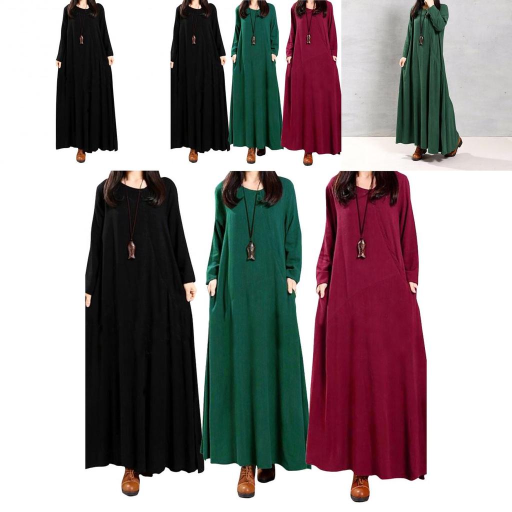 Elegant Plus Size Women Cotton Long Sleeve Vintage Kaftan Casual Maxi Dress
