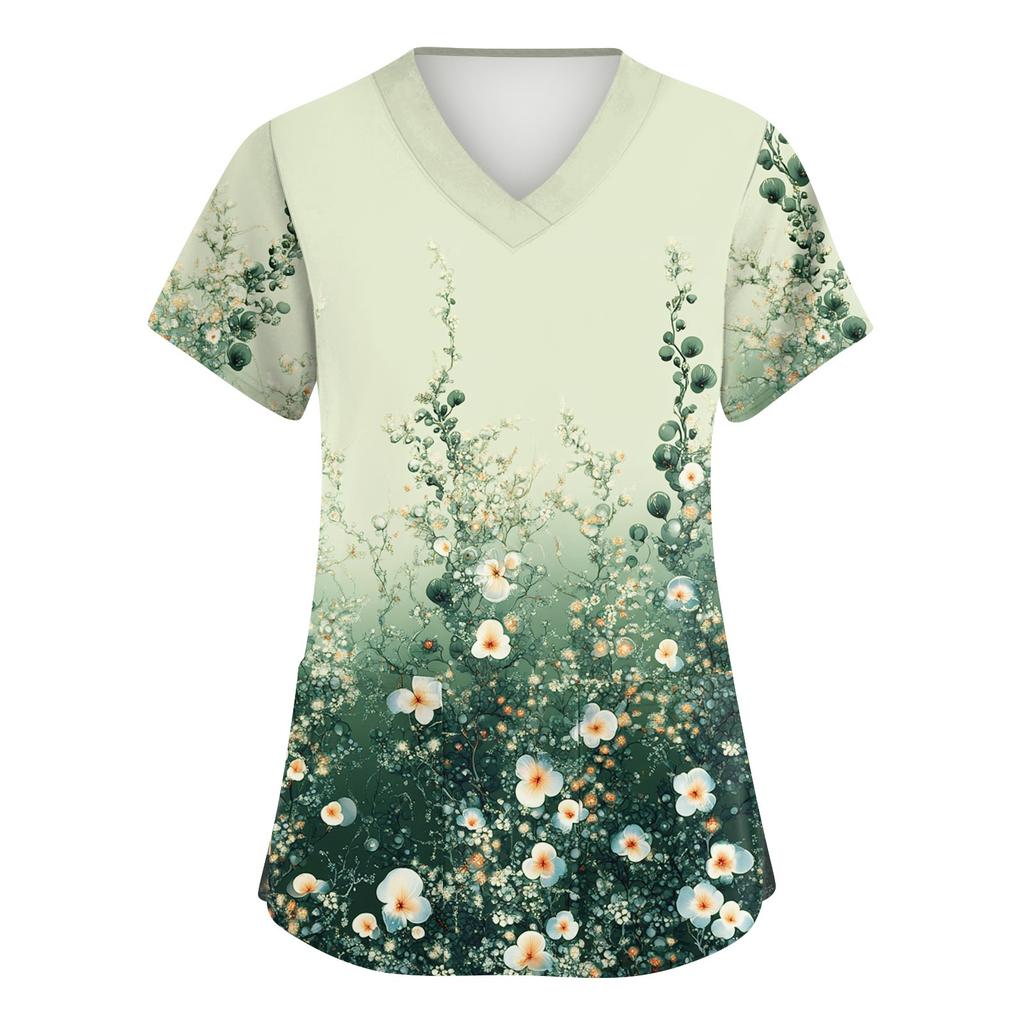 Damen Modische V-Ausschnitt Arbeitskleidung Bedruckt Kurzärmlig Tasche Seitenschlitz Arbeitskleidung Basic Pullover Top