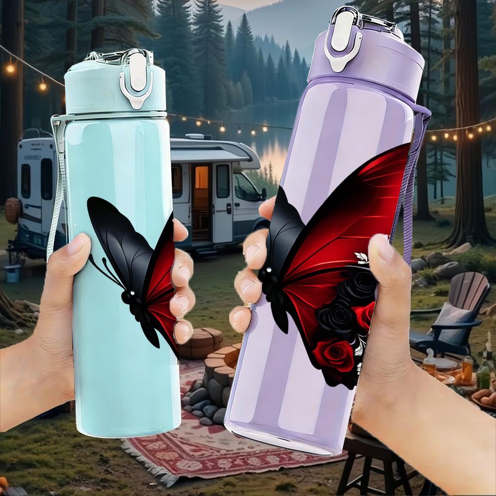 1PC Red Black Butterfly Wing Art Print 750ml Color Plastic Sports Water Bottle Leakproof Flip Straw Lid Suitable for Sports Office Home Use