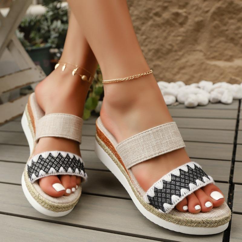 Damen Espadrille Keilsandalen mit offenem Zeh, dicker Sohle, geflochtenem Jute, Sommer Strand Slipper