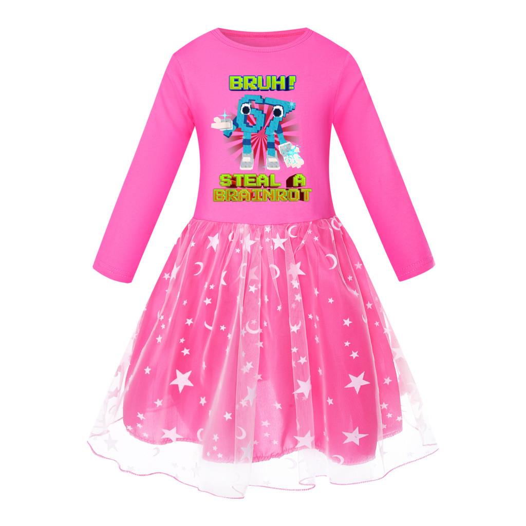 5194 Kinder Mädchen Steal a Brainrot 67 Six Seven Print Mesh Regenbogen Rundhals Lässig Lässig Baumwollkleid