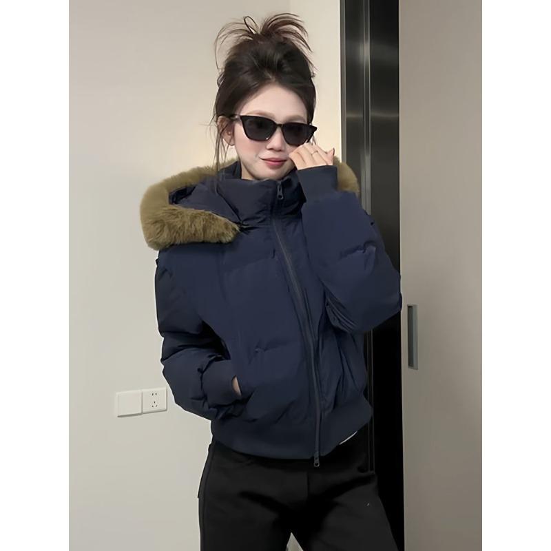 Navy Blue American Retro Fur Collar Hooded Cotton-padded Jacket Coat Short Thick Warm Little Winter Coat